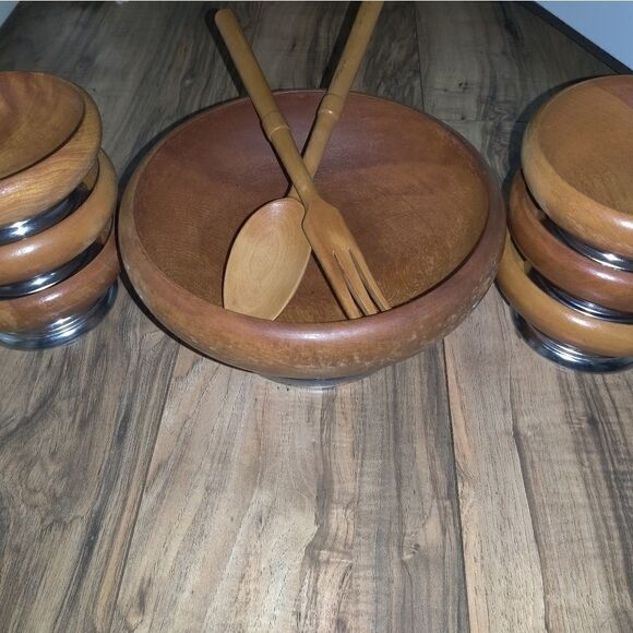 Hellerware Vintage Wooden Bowl With Fork And Spoon - Picture 7 of 10